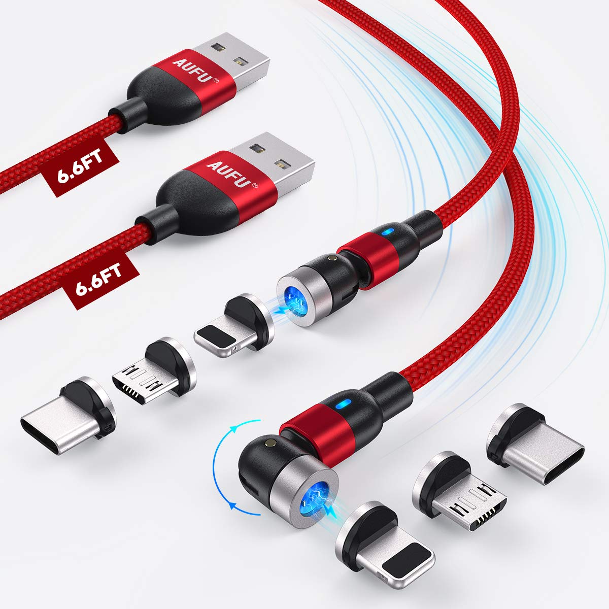 5A Magnetic Multi Charging Cable 3.3ft 6.6ft USB A to Lightning / micro / Type C Fast Charging 3 in 1 540° Rotating Phone Charger Nylon Braided USB Cable For IPhone/Micro USB/Type C Device